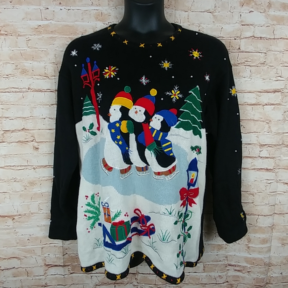 Designer Studio Originals Christmas sweater Peguins Winter Scene XL